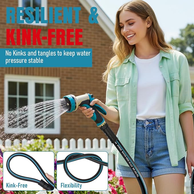 Garden Hose 100 ft x 5/8" with Nozzle, Water Hose Heavy Duty Flexible, Lightweight Kink-less Hybrid Hose with Swivel Handle, Male to Female Fittings