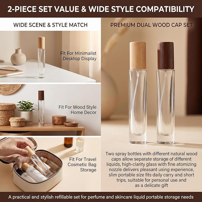 2 Pack 15ml 0.5oz Refillable Glass Spray Perfume Bottles Dispenser with Fine Mist Sprayer & Wooden Lid-Travel & Home Fragrance Containers for Cologne Essential Oils Cosmetic Liquids
