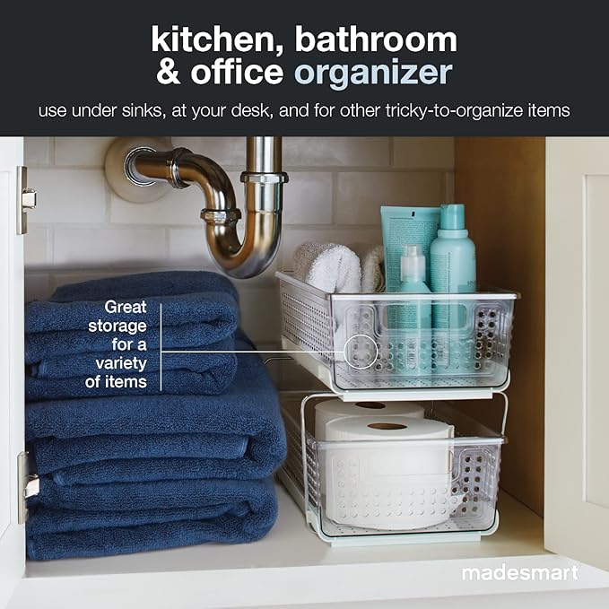 madesmart Premium Two Tier Organizer, Clear | pull out bins, adjustable dividers, tiered access, cleaning supplies, under sink use, pantry bottles, woman owned