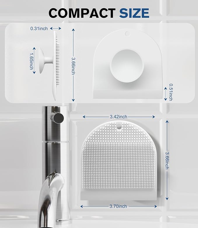 2 Pack Silicone Sink Cleaning Brush with Squeegee | Flexible Non-Scratch Dish Scrubber for Kitchen and Bathroom Sink, Countertop & Dishwashing, Suction Cup Hanging (White)