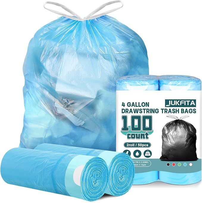 Small Trash Bags, 100 Count 4 Gallon Drawstring, Blue | Tear-Free, Unscented, Small Garbage Bags, For Bathroom Kitchen Office Bedroom