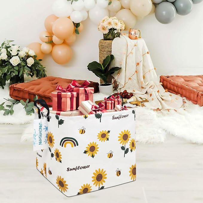 Square Storage Baskets Children Shelves Gift Toy Organizer Room Sunflower | Laundry Hamper Collapse Canvas with Handles for Organizing Home Kitchen Children Toys Office Closet Shelf