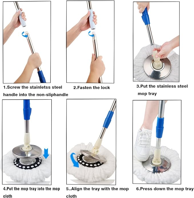 Spin Mop and Bucket with Wringer Set, 3 Mop Refills, 61" Stainless Handle | 360° Spinning Mop System with Stainless Steel Extended Handle & 3 Microfiber Refills for Floor Cleaning