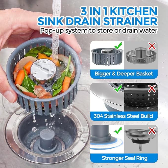 zaa 3 in 1 Kitchen Sink Drain Strainer Stopper Removable Basket Pop-Up | Kitchen Sink Food Strainer 1 Pack Silver Stainless - Food Catcher, Odor-Block Seal, Fits 3.5" Drain, Easy Clean