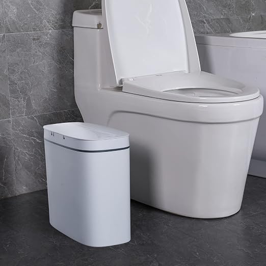 Sooyee 14 Liter Automatic Trash Can with Lid, White | 3.6 Gallon Narrow Garbage Can Touchless or Kick, For Kitchen, Bathroom, Office, Bedroom, Living Room