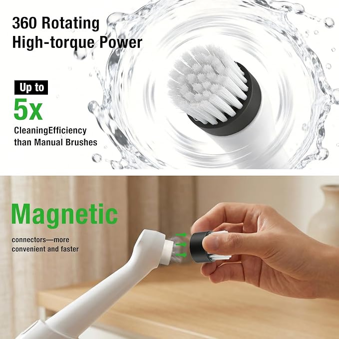 Electric Grout Cleaner, Electric Spin Scrubber, 5 Magnetic Heads | Rechargeable Waterproof Power Scrubber for Tile Grout, Bathroom, Kitchen, Sink & Crevices
