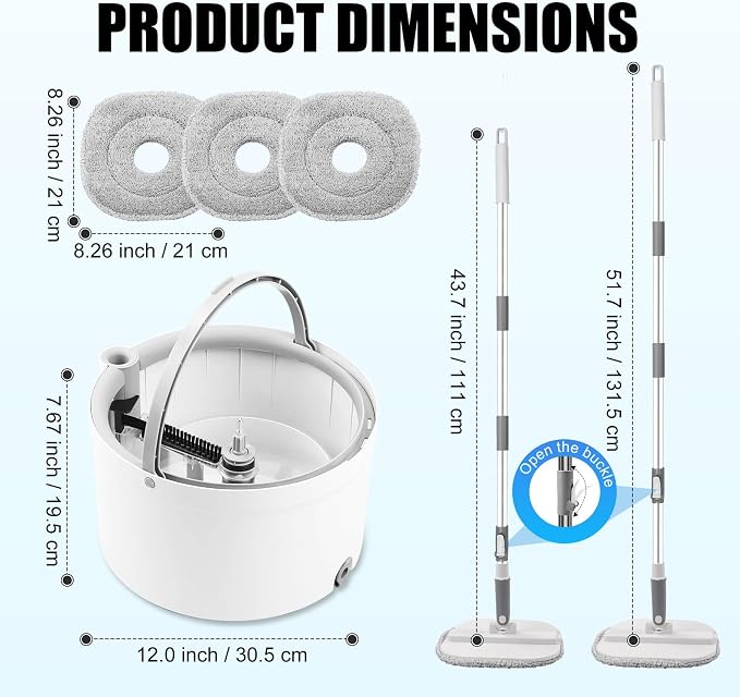 Mop and Bucket Set, Spin Mop Bucket with Separate Dirty/Clean Water System, Self-Wringing Square Mops for Floor/Wall Cleaning with 3 Microfiber Pads