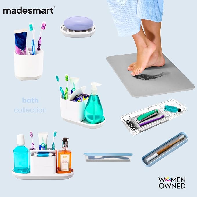 madesmart Shower Tote with Soft Grip Handle, Blue | silicone handle, ventilated sides, portable carry, shampoo soap razors, dorm bathroom, woman owned