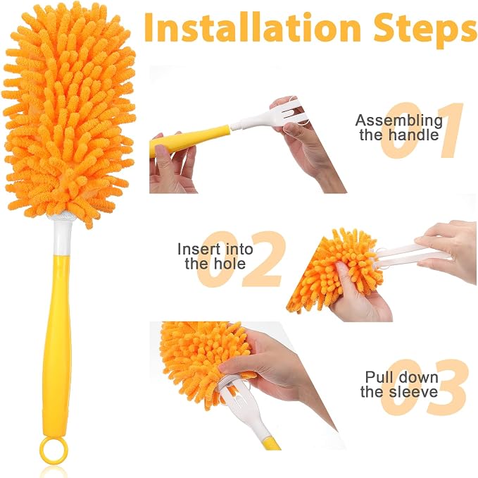 11-Pack Reusable Duster Kit – Heavy Duty Chenille Refills with Handle, 360° Microfiber Dusting for Home & Office (Orange)