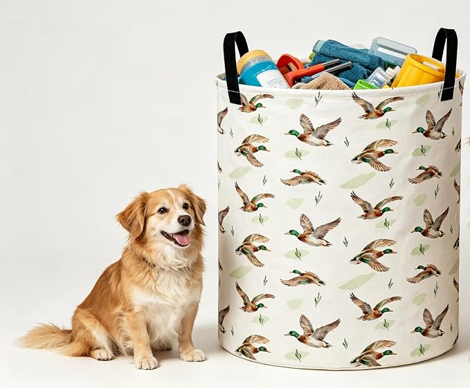 Collapsible Round Storage Basket,Waterproof Soft-Sided Organizer,Gift Baskets(Flying Mallard)