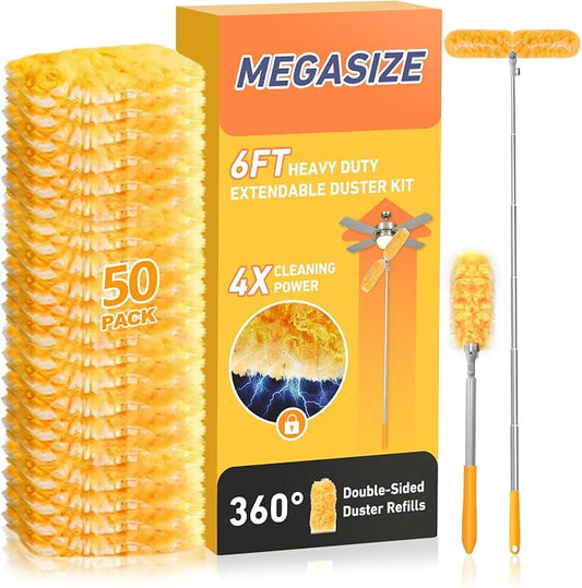 6 ft Extendable Duster Handle with 50 Refills, Compatible with Swiffer | 4X Cleaning Power, 360° Multi-Surface Cleaning Kit for Ceiling Fans, Windows, Home and Hard-to-Reach Areas