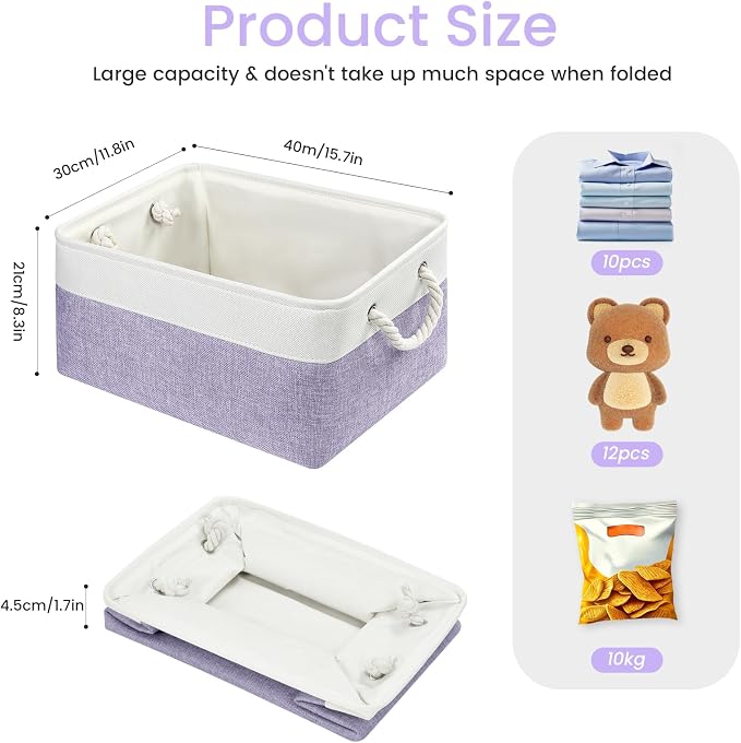 15.7x11.8x8.26 Inch Fabric Large Storage Bins with Handles 3 Pack | Foldable, Sturdy Metal Strand, Cardboard Support Molding, Fabric Storage Baskets for Shelves, Closet, Bedroom, White/Purple