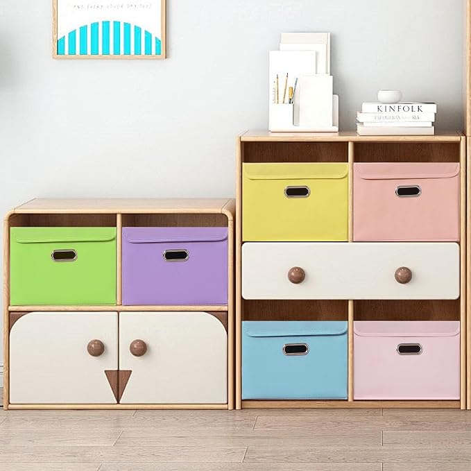 STOREONE Fabric Storage Cube Bins Foldable Organizer Container Collapsible Basket with Lids and Metal Handles, for Home, Bedroom, Closet 6 Pcs (multicolour-green)