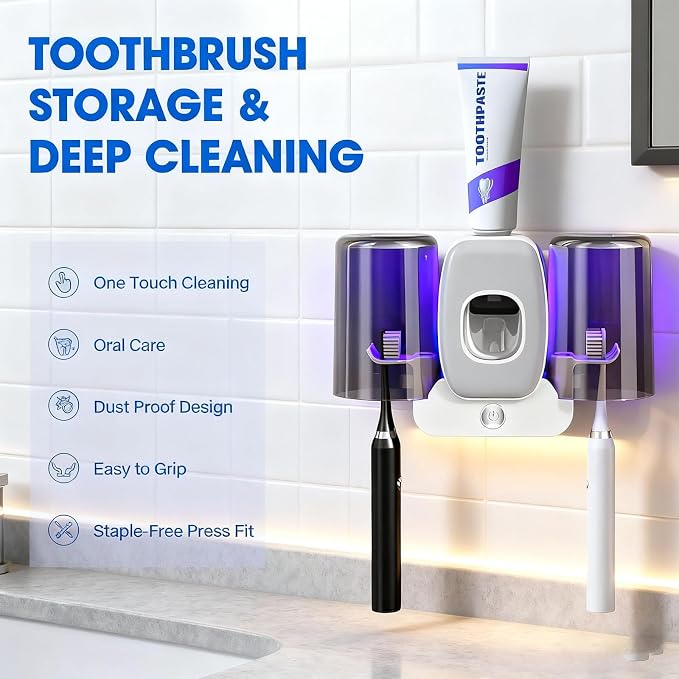 Rechargeable Toothbrush Holder,Wall Mounted Automatic Toothbrush Cleaning Tool with Toothpaste Dispenser & 2 Cups, No Drilling Bathroom Organizer for Family (White)