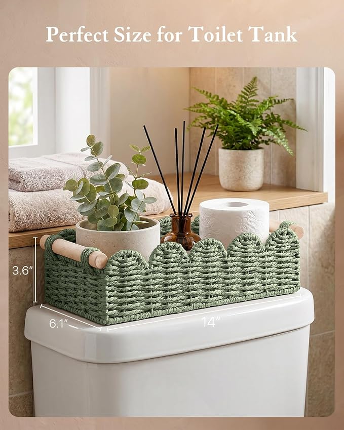 Toilet Paper Storage Basket for Toilet Tank, Bathroom Organizer | Scalloped Decorative Basket for Bathroom Home Decor, Woven Basket for Shelves, Living Room, Countertop, Paper Rope, Green