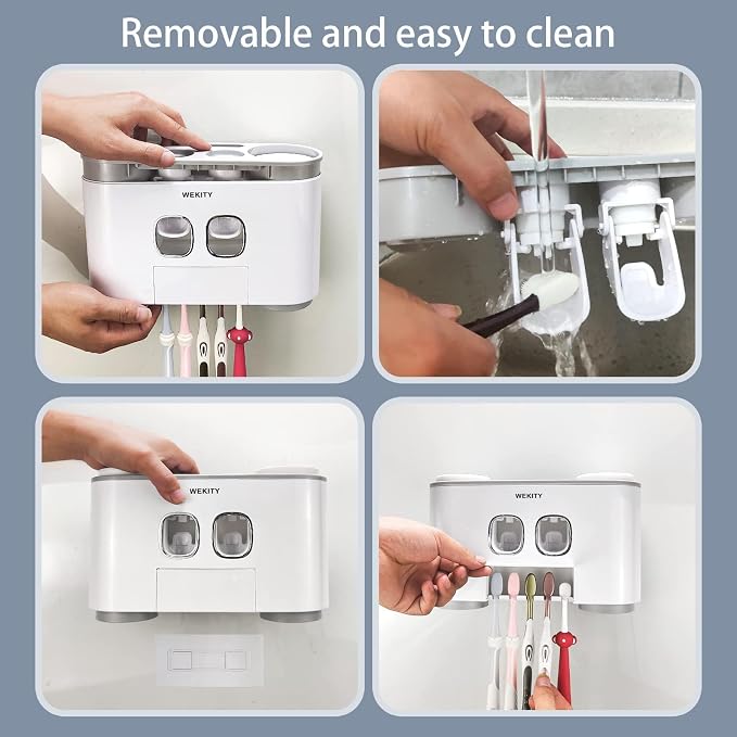 Toothbrush Holder Wall Mounted, WEKITY Multi-Functional Toothbrush and Toothpaste Dispenser for Bathroom, with 5 Toothbrush Slots, 2 Toothpaste Squeezers and 4 Cups(Blue)