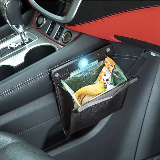Smart LED Car Trash Can, Garbage Bag Passenger Side Back Seat Hanging | LED auto-open, lid Reusable Portable waterproof faux leather, leak-proof, space-saving design for car, Toilet office & travel