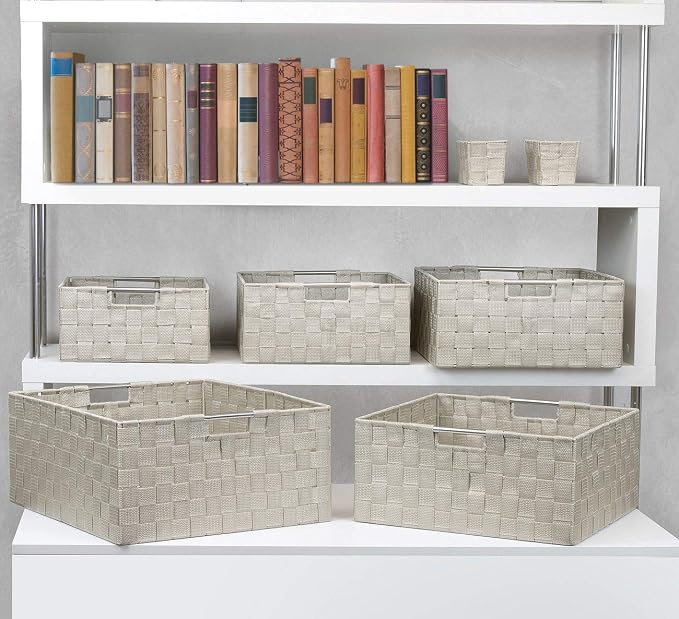Sorbus Baskets for Organizing, 7-Piece Hand-Woven Storage Set (Beige) | Mesh organizers with handles keep linens and accessories sorted on closet shelves; seven-piece variety fits many spaces.