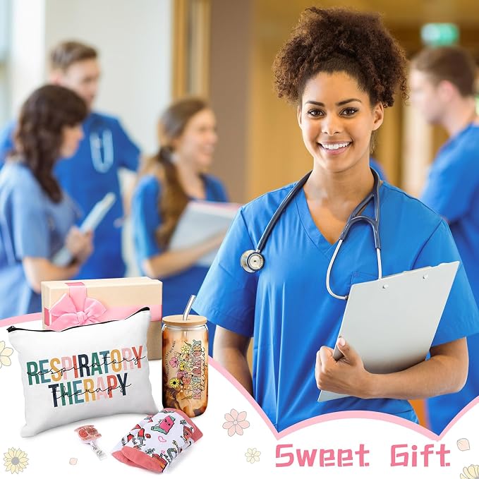 Skylety 5 Pcs Respiratory Therapist Gifts for Women | 16oz Glass Cup Socks Cosmetic Bag Badge Reel, RT Appreciation Gift Box, Respiratory Therapist accessories, Nurse Doctor Gift
