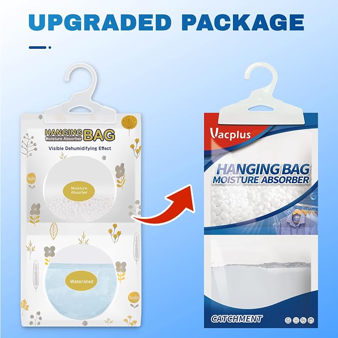 Vacplus Moisture Absorber, 5Pack Hanging, Strong Absorption, Unscented | Closet, Enclosed Spaces, Bathroom, Odor Eliminator, Dehumidifier Bags, 9.8 OZ