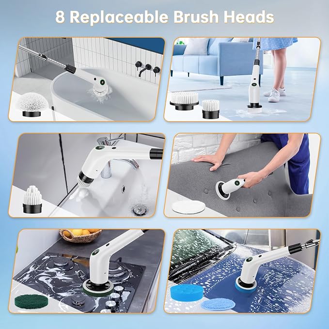 PUFTEM Electric Spin Scrubber, Cordless Shower Scrubber, Adjustable Handle | Dual Speed, 8 Replaceable Brush Heads, Adjustable Extension Handle, Battery Level Display, Bathtub, Tile & Floor Cleaning