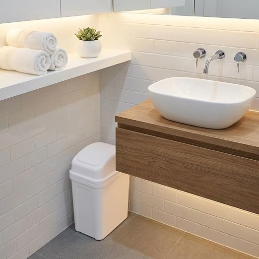 Idotry 1.8 Gallon Small Bathroom Plastic Trash Can with Swing Lid, White | 7 L Swing Top Lid Waste Basket, Space-Saving Slim Shape, Small Garbage Can for Office, Bedroom, Under Sink, Near Desk