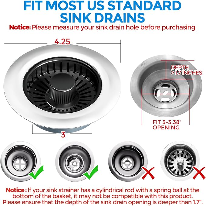 zaa 3 in 1 Kitchen Sink Drain Strainer Stopper Removable Basket Pop-Up | Kitchen Sink Accessories 1 Pack Brushed Black Stainless - Food Catcher, Odor-Blocking Seal, Fits 3.5" Drain