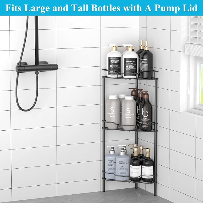 HuggieGems Metal Floor Standing Corner Shower Caddy, Matt Black, 3 Tier | Adhesive Bathroom Organizer Shelves, Free Standing Shower Rack with Hooks, Hold Large Shampoo Bottles
