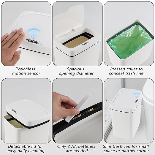 4 Gallon Plastic Automatic Bathroom Trash Can with Lid, 15 L, White | Touchless Motion Sensor Trash Can for Kitchen Bedroom Office