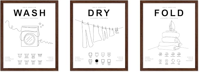 Poster Master 3-Piece Wash Dry Fold Print - Laundry Poster - Line Drawing Art - Black & White Design - Symbols & Guide Art - Minimal Laundry Room Decor - 11x14 Brown Framed