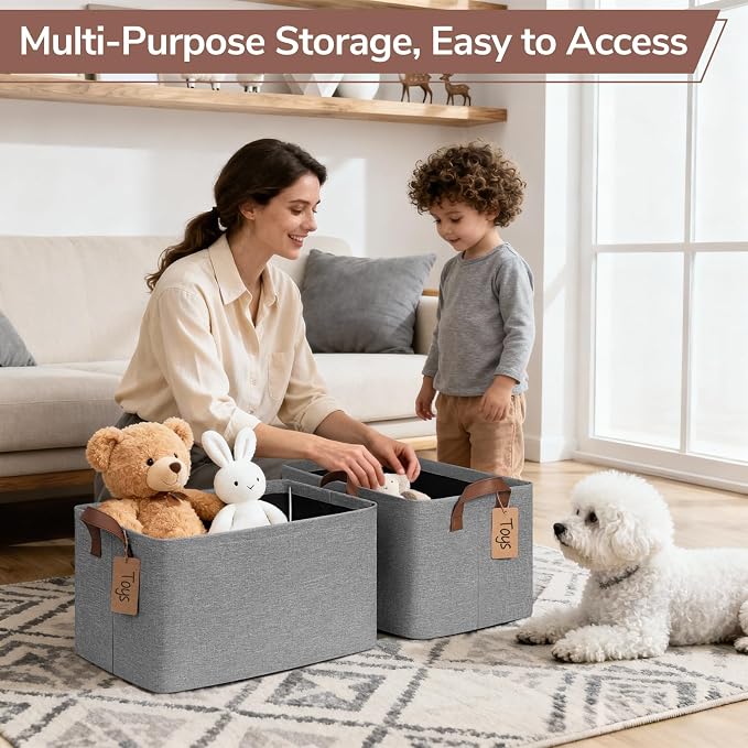 CHICVITA 4 Pack Large Fabric Storage Baskets for Shelves, 30L Gray | 16.8" × 11" × 9.8" Closet Storage Bins for Clothes, Toys & Towels, Fits Nursery & Bathroom Organization, Metal Frame
