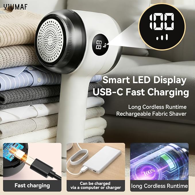Cordless Rechargeable 2-in-1 Fabric Shaver & Lint Remover for Clothes, Electric Pill Remover with Static Brush for Sweater, Sofa, Blanket, Furniture,3-Speed, USB-C, 6-Blade