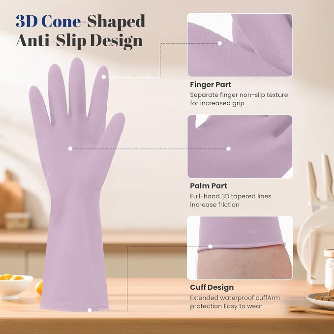 Reusable Kitchen Dishwashing Gloves - 3 Pairs Rubber Household Cleaning Gloves, Flexible and Durable & Non-slip Cleaning Gloves, Great for Kitchen, Laundry, Bathroom (M, Purple+Brown+Blackish Green)