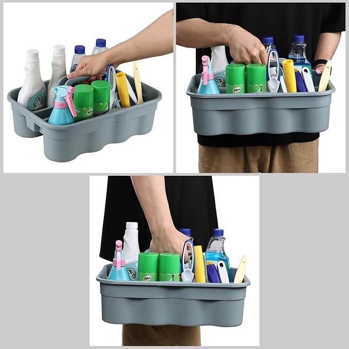 Cleaning Caddy Organizer with Handle, 6-Pack Caddy Basket | Portable All-Purpose Basket for Cleaning Supplies, Shower, and Laundry, Grey, Plastic, Stackable, Easy-Carry Grip