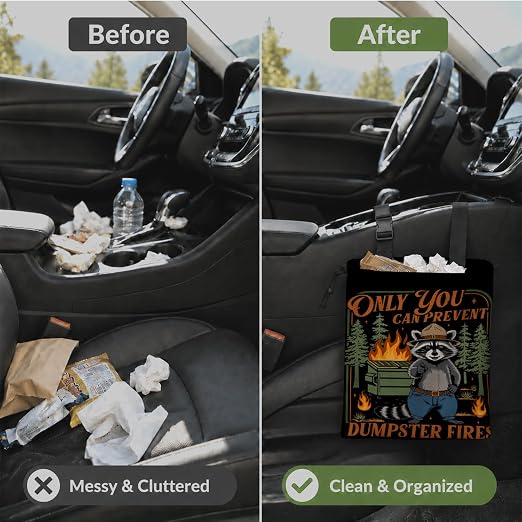 Dumpster Fire Humor Raccoon Car Garbage Bag Canvas Trash Can | Funny Forest Raccoon Drawstring Car Trash Bag Hanging for Back Seat with Adjustable Buckle
