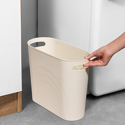 rejomiik Small Bathroom Trash Can, 3.5 Gallon Slim Garbage Can, Cream | Plastic Waste Basket with Handles for Bathroom, Bedroom, Dorm, Kitchen, Office and Narrow Spaces