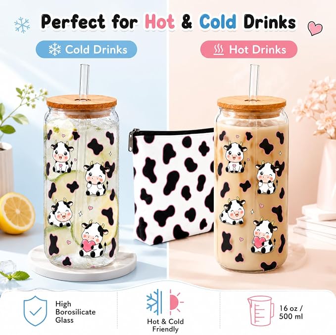 Cow Print Cup - Cow Tumbler with Lid and Straw, Cute Cow Water Bottle with Makeup Bag