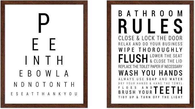 Poster Master 2-Piece Bathroom Sign Print - Eye Chart & Rules Poster - Humorous Guest Bath Decor - Minimal Typography Design - Powder Room Decor - Funny Restroom Sign - 16x20 Brown Framed