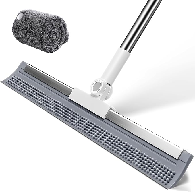 Floor Squeegee Broom with Rubber Scrubbing Teeth, 16 Inch 2-in-1 Magic Broom with 54 Inch Telescopic Long Handle, Shower Floor Squeegee for Bathroom, Kitchen, Tile, Concrete, Pet Hair