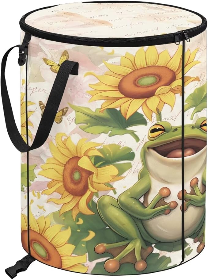 Sunflower Frog 24 Gallon Collapsible Garbage Can for Camping Car Waterproof Outdoor Trash Bin with Lid Foldable Portable Pop-Up Yard Waste Leaf Bag for Campsites Garden