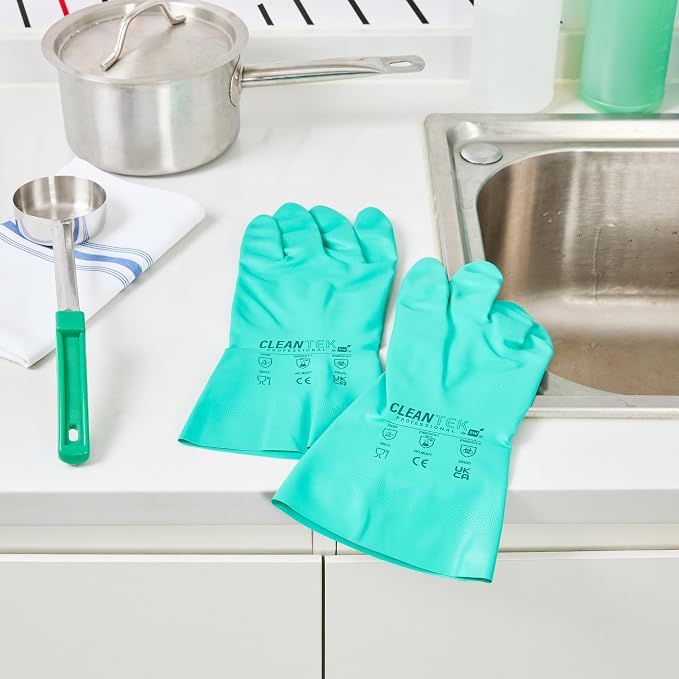 Restaurantware-Clean Tek Professional 15 Mil XXL Cleaning Gloves, 1 Pair Of Long Cuff Gloves - Flock Lining, No-Powder, Green Nitrile Chemical Tolerant Gloves, No-Latex, Heavy-Duty Tasks