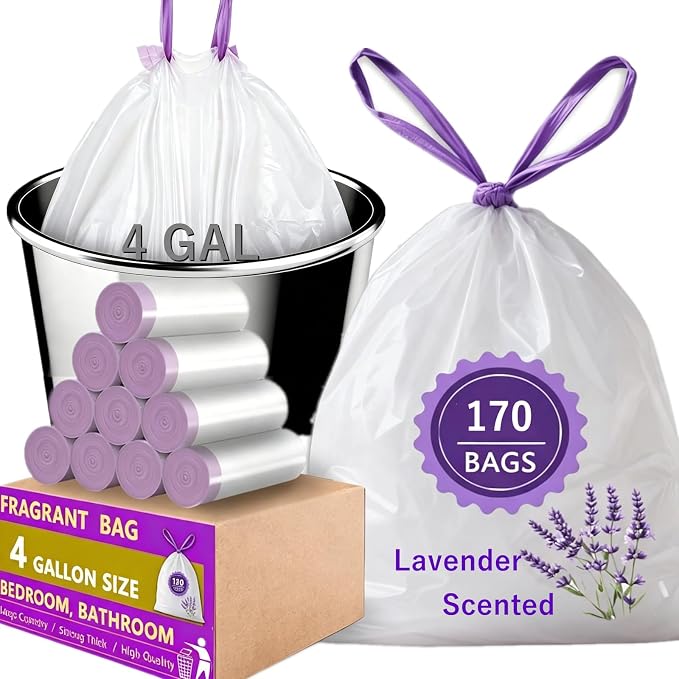 4 Gallon Trash Bags Lavender Scented 1.2Mil Small Drawstring Bag 170 Ct | Wastebasket Mini Garbage Bags, Febreze Beachside Breeze Odor Resistant Kitchen Trash Can Liners for Bathroom, Bedroom, Office