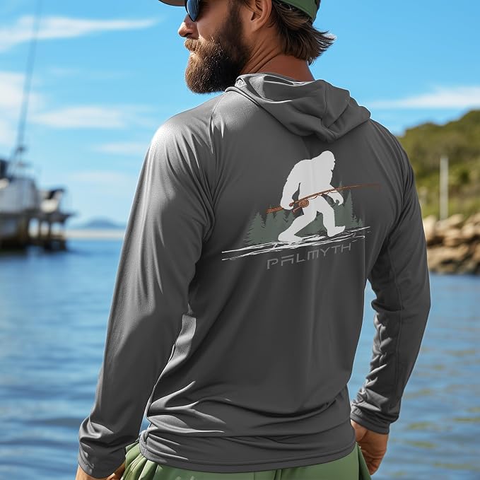 Palmyth Men's Fishing Hoodie UPF 50+ Long Sleeve with Face Mask Neck Gaiter | Zipper Pocket, Thumb Loops, Quick-Dry, Side Mesh Panels, Lens Cleaning Cloth