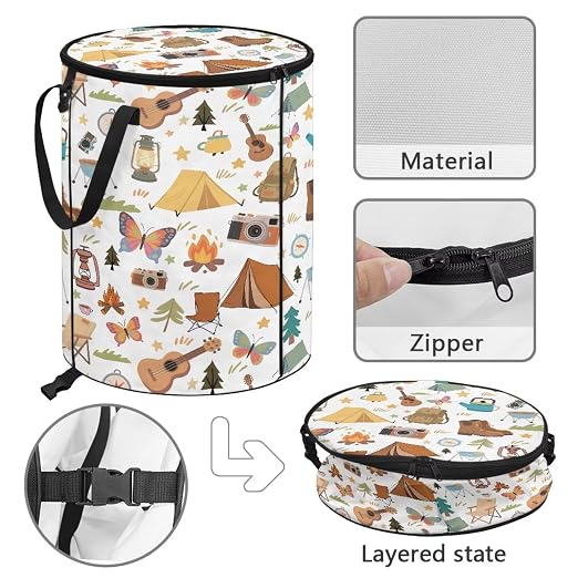 White Camping Trash Can Collapsable Cute Design Large Capacity Outdoor Garbage Can with Zipped Lid Water Resistant Trash Can Bags for Travel, Hiking, Outings