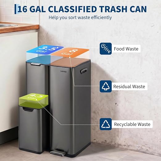 Garvee 3 Compartment Trash Can, 16 Gal Garbage and Recycle Bin Combo | 3 in 1, Triple Bins, Stainless Steel, Soft Close Lid & Foot Pedal, Removable Inner Buckets, for Home Kitchen Office, Gray