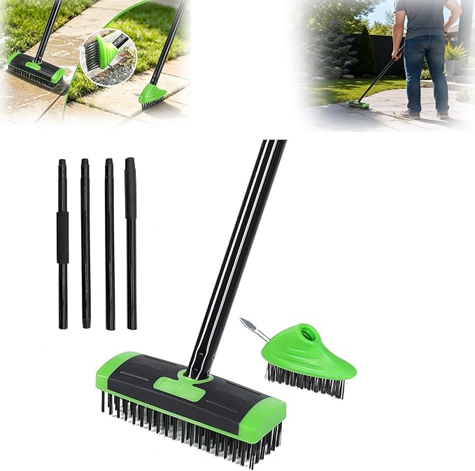 3-in-1 Versatile Weed Brush Combo Set, Floor Scrub Brush | With Long Handle, Deck Brush Gap Cleaning Brush & Metal Weeding Hook for Patio,Concrete, Driveway &Outdoor Cleaning(2-Set)