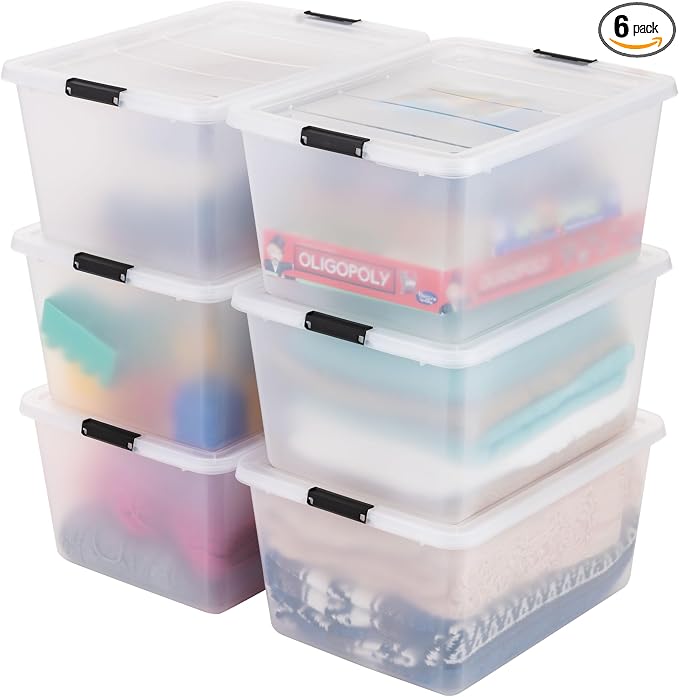 IRIS USA 6-Pack 32.5 Quart Clip Box with Latching Lid | Latching lid secures office and household supplies. Stackable, nestable design maximizes storage space
