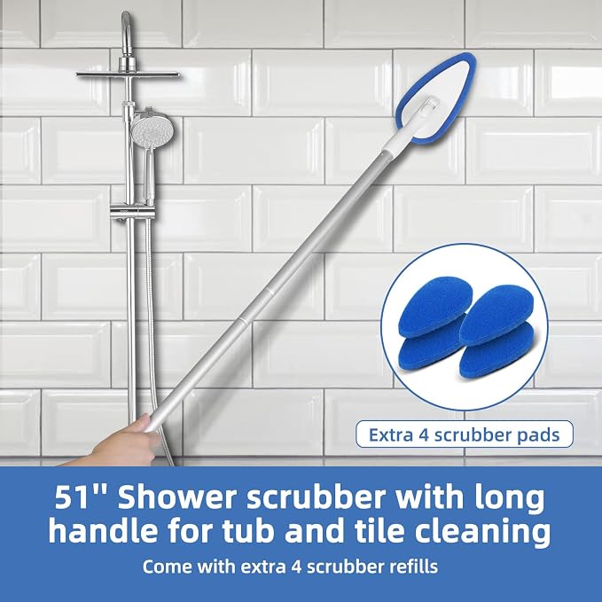 Qaestfy Shower Bathtub Tub Tile Scrubber Cleaning Brush with 51'' Handle, 5 Non-Scratch Scouring Pads, Adjustable Long Handled Scrub Brush for Cleaning Shower Bathroom Vessel Sinks Toilet Wall Floor