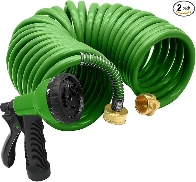 25ft EVA Garden Hose | Curly Water Hose Coil, Corrosion Resistant, 7-Pattern Function Sprayer, Retractable for Outdoors Lawn Car Washing