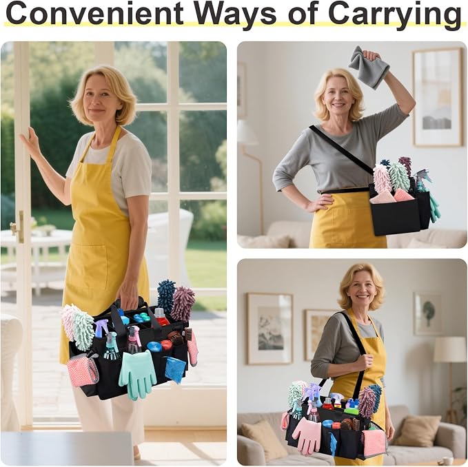 Wearable Large Cleaning Caddy Bag for Housekeepers (Black) | Cleaning Supplies Organizer with Adjustable Shoulder, Waist & Handle Straps, Detailing Bag for Kitchen Supplies